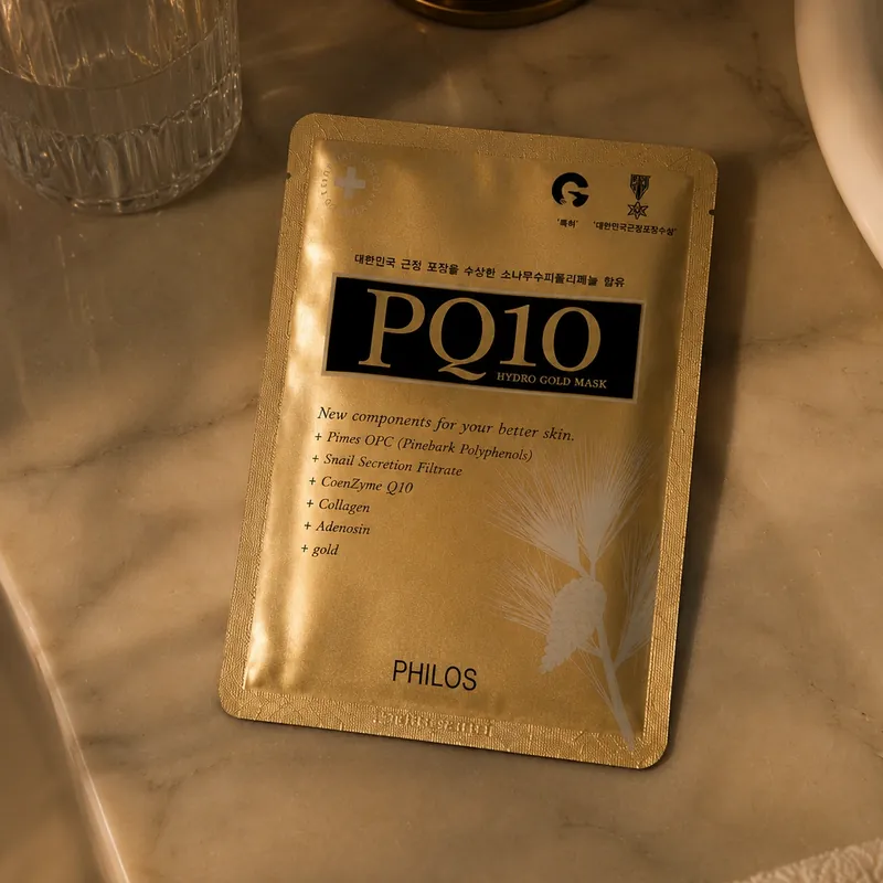 집중보습 홈케어용 PQ10 하이드로겔 골드마스크 파우치 클로즈업